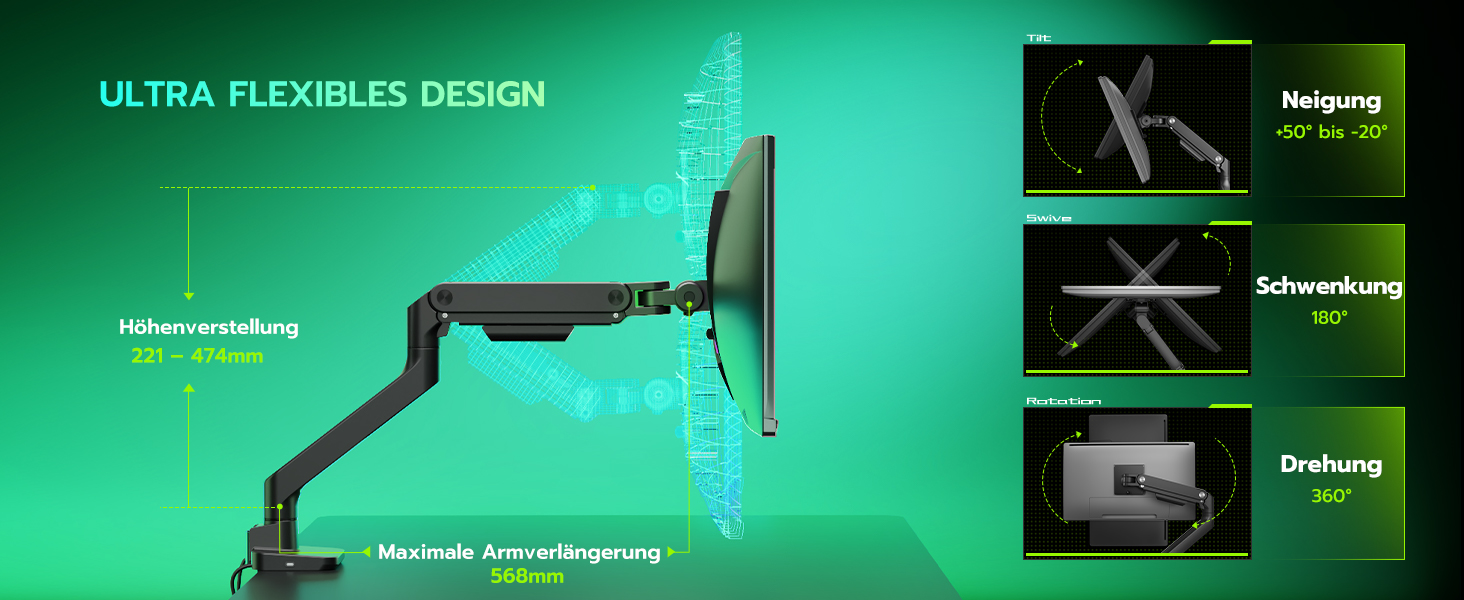 Кріплення для монітора ARES WING з USB A/C, кріплення для монітора, 17-49 дюймів, вантажопідйомність 20 кг, газ-амортизатор, VESA 75/100 мм, чорний