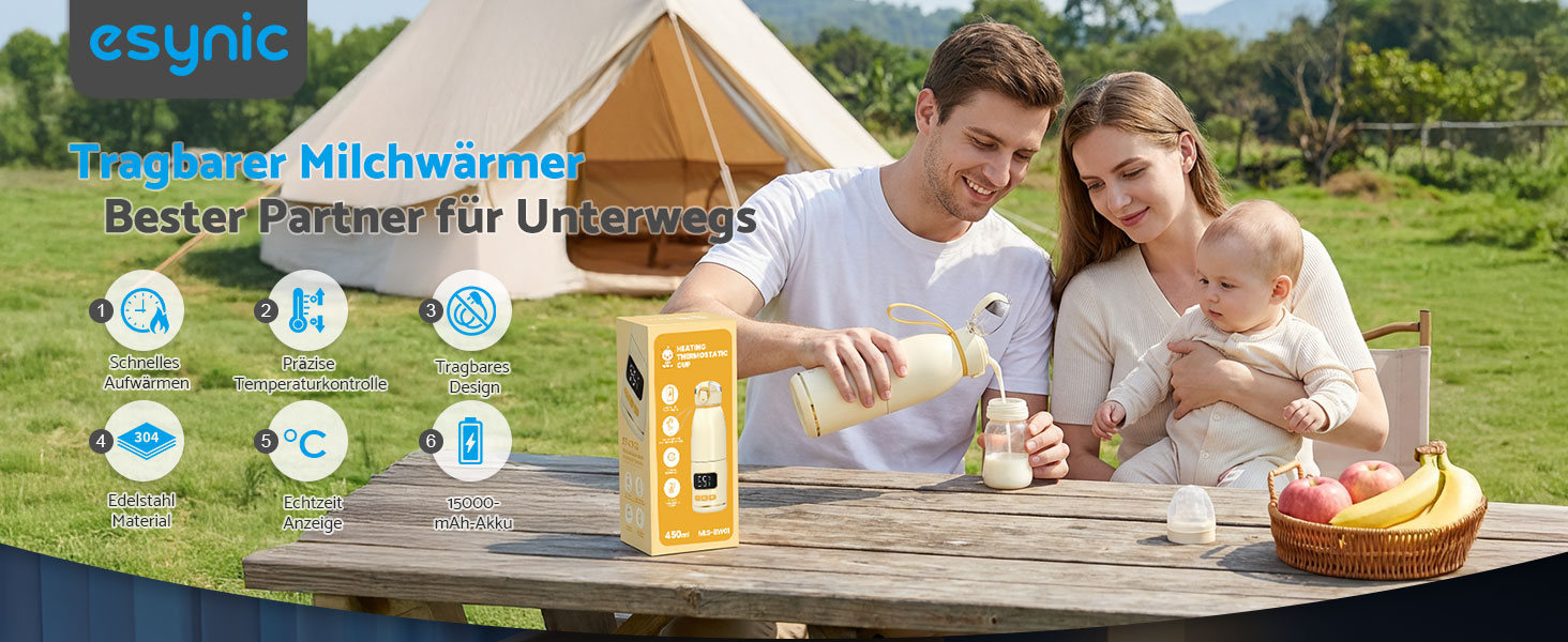 eSynic Підігрівач для пляшечок 450 мл з акумулятором 15000mAh, нержавіюча сталь 316, швидкий нагрів за 2-3 хв, для грудного молока та води, USB-C, BPA-free, для подорожей та нічного годування