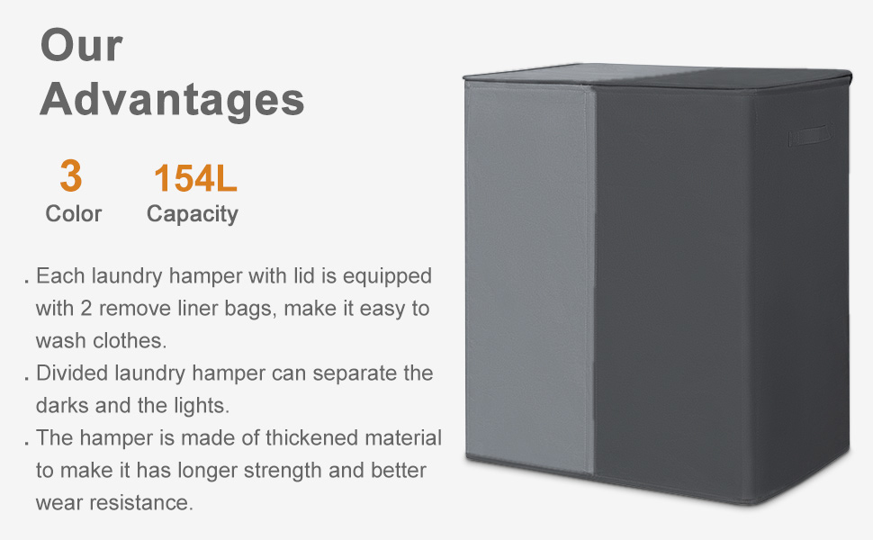 WOWLIVE Подвійний кошик для білизни з кришкою, великий, складний, 2 секції з ручками, сірий+чорний (154л)