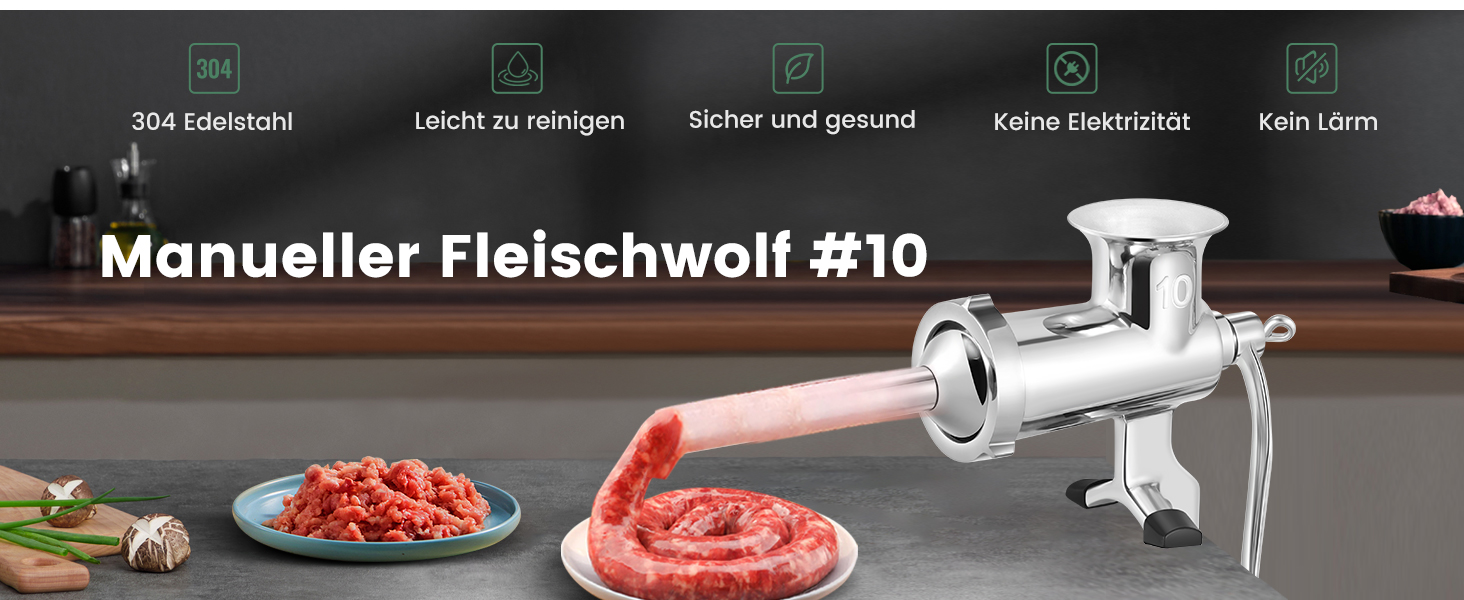 М'ясорубка ручна Huanyu з нержавіючої сталі та насадкою для ковбас, посудомийна, розмір 10