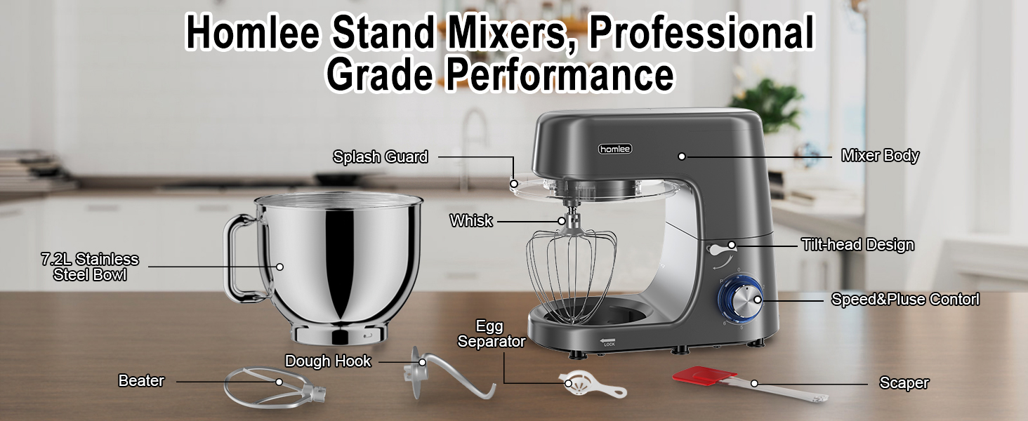 Кухонна машина 2000W з міксером та набором насадок, 7.2 л, нержавіюча сталь, сірий колір