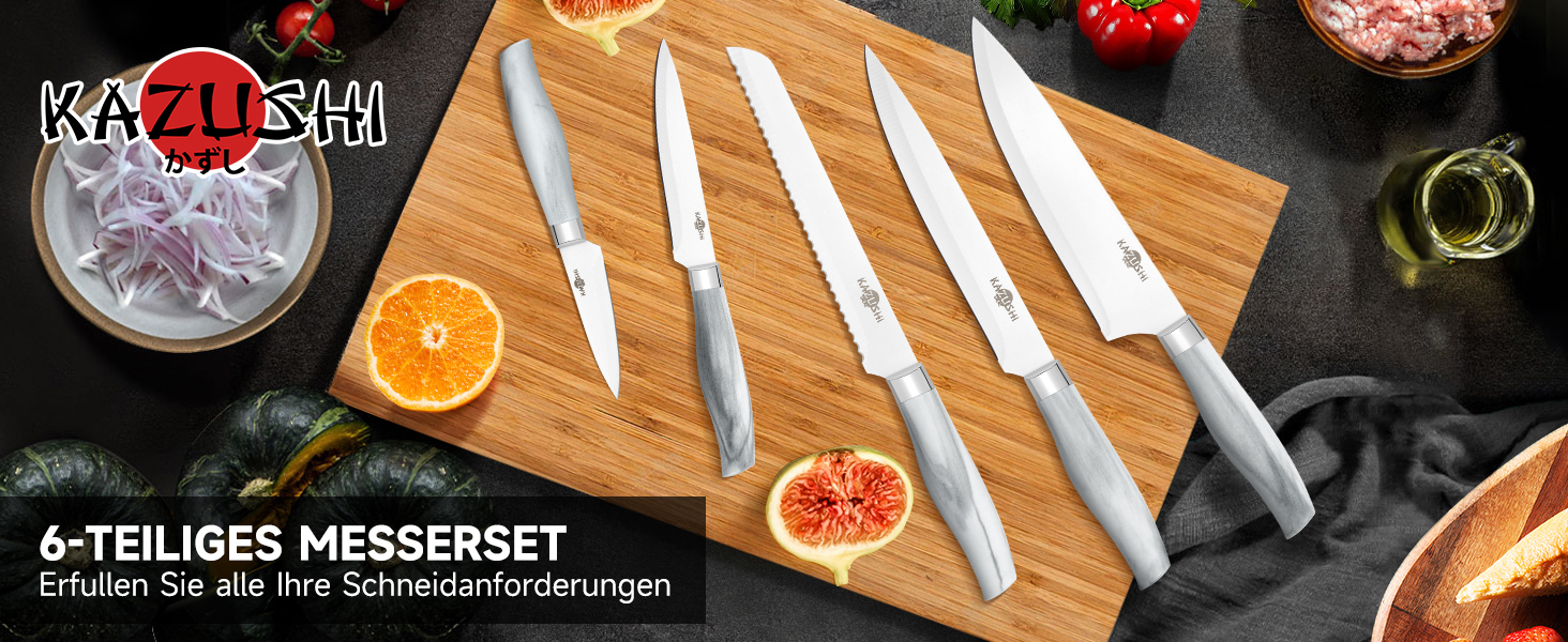 Набір кухонних ножів Messerblock Set: професійний набір з 6 предметів з нержавіючої сталі та дерев'яним блоком, з точильним каменем