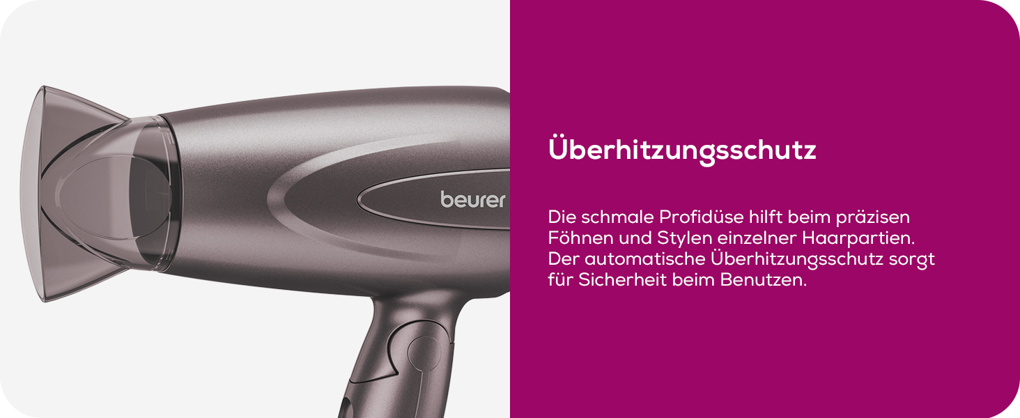 Дорожній фен Beurer HC 25 з іонною функцією, маленький, складний і легкий, перемикання напруги від 110-120 /220-240 В, 25,9 x 8 x 15,6 см, чорний/рожевий (1300 Вт)