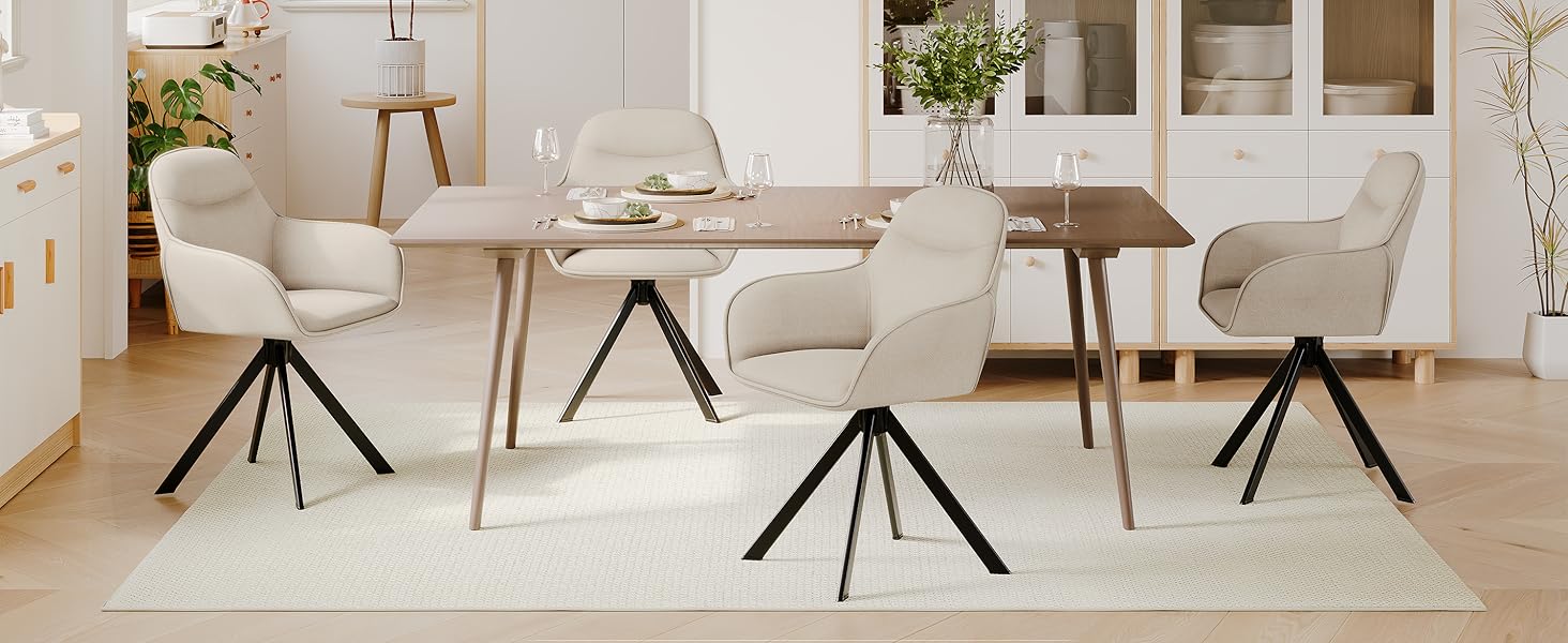 Обідній крісло для кухні/офісу, бежевий, з підлокітниками, 6 шт. в наборі, з металевим каркасом та м'яким сидінням з поліестеру