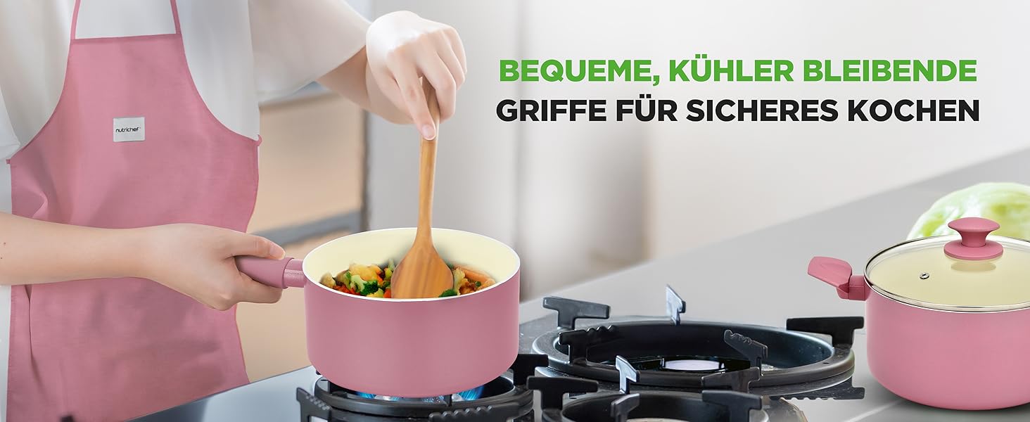 Набір кухонного посуду NutriChef 54 елементи – сковорідки, каструлі, кухонні аксесуари, ножі, форми для випічки, для індукції, газу та електроплити, здорове та дієтичне приготування (рожевий)