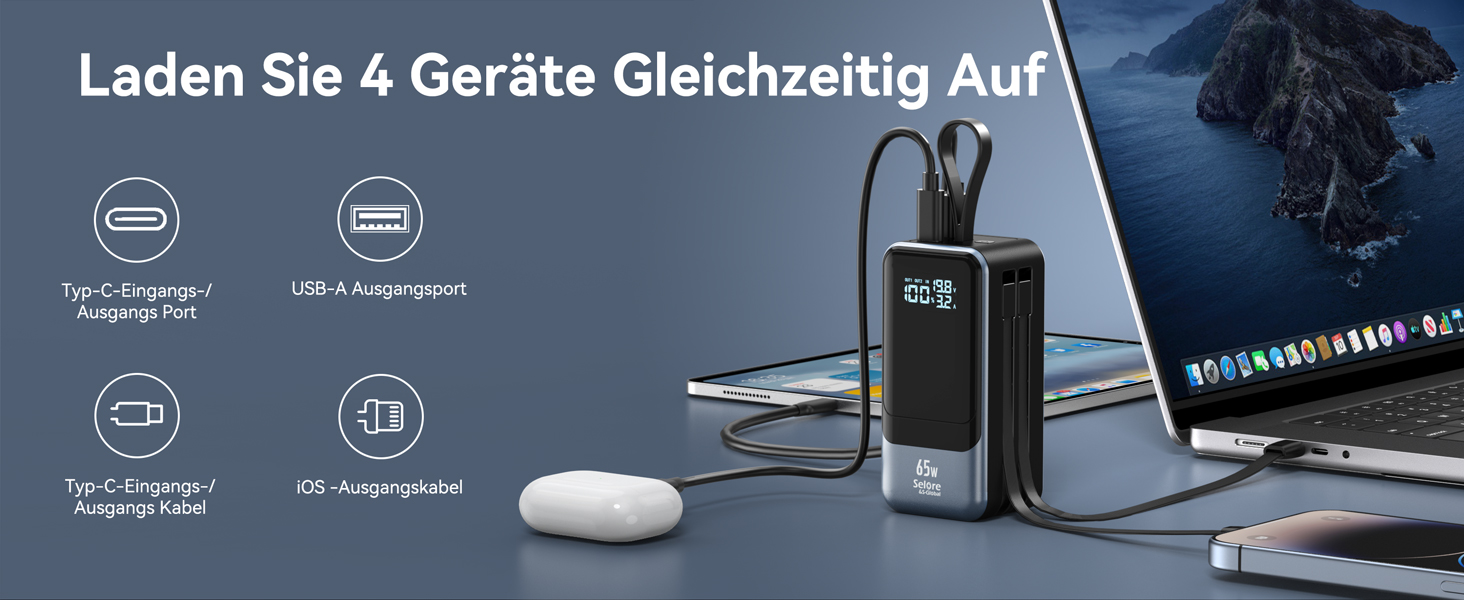 Power Bank Selore&S 65W з USB-C, 4 порти, для iPhone, Galaxy, MacBook, iPad, дронів, чорний