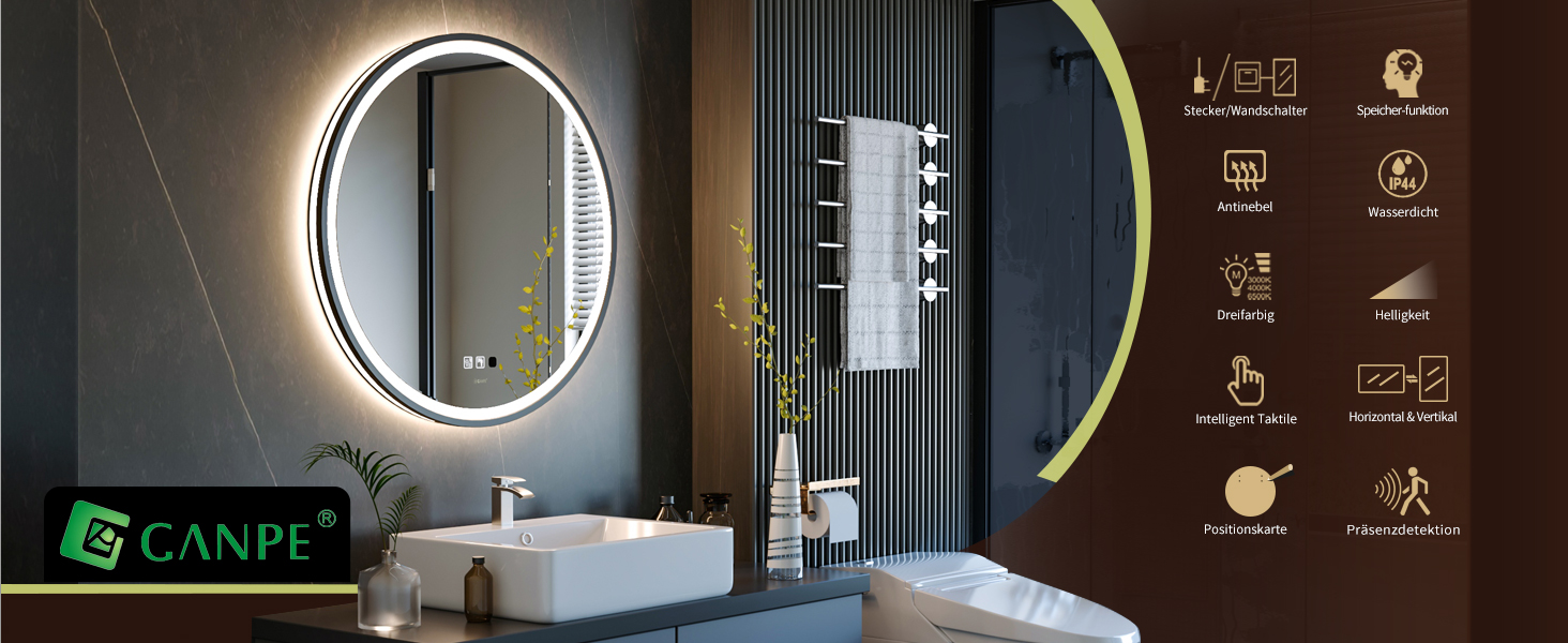 Дзеркало з LED сенсором, кругле, з індукційним датчиком руху, для макіяжу, з підсвічуванням, регульоване освітлення, антизапарник, водонепроникне (IP44), для ванної кімнати, настінне, діаметр 70 см