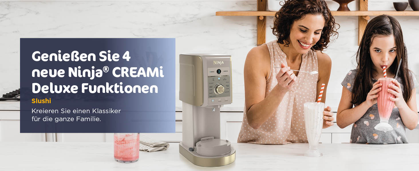 Ninja CREAMi Deluxe NC502EUSTGD – Морожениця, сорбетороб, шейкер для смузі та замороженого йогурту (2 контейнери, 10 функцій, золотий)
