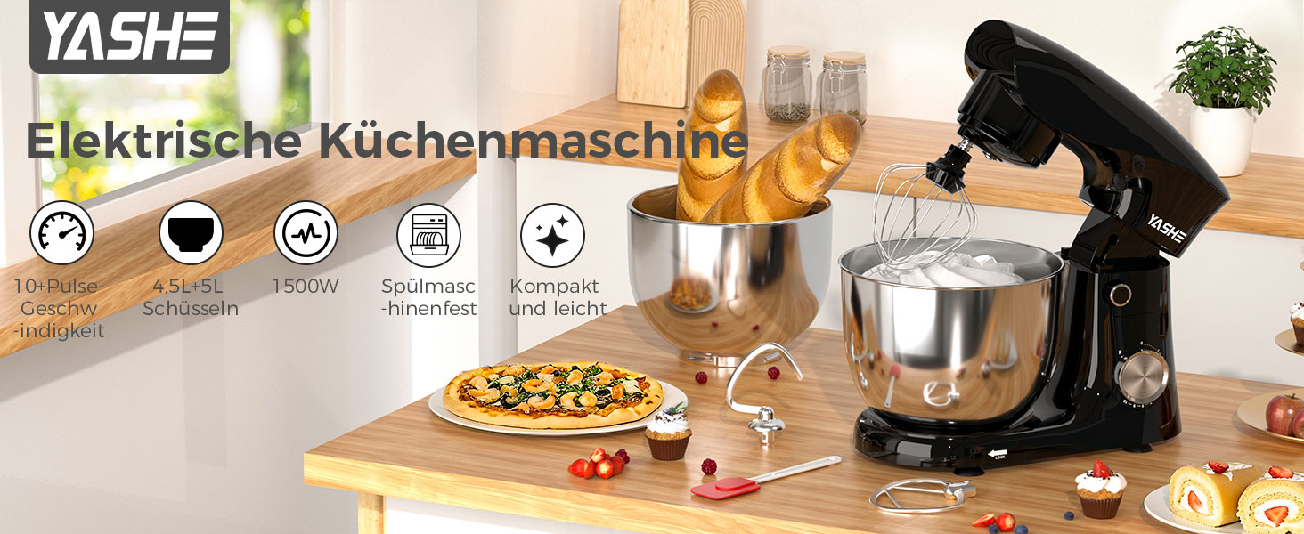 Кухонна машина YASHE 1500W з 2 чашами (4,5L та 5L), 10 швидкостей, нахилений корпус, з гаком для тіста, вінчиком та набором насадок, мультифункціональна
