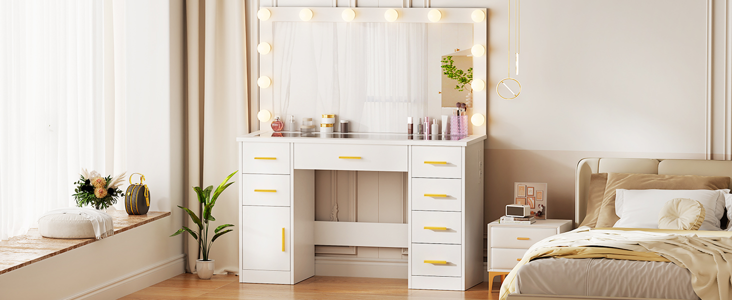 Великий туалетний столик ANWBROAD з регульованою LED-підсвіткою 3 кольорів та розеткою. Сучасний туалетний столик з дзеркалом, 7 ящиків, білий, 140x110x40 см. Модель BDT83W