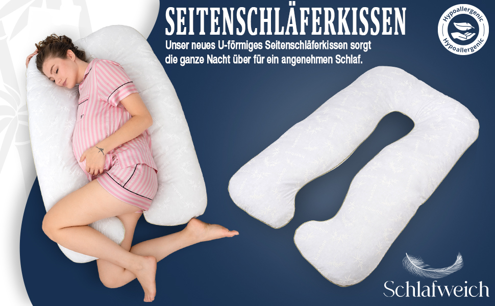 Ортопедична подушка U-подібної форми Schlafweich для сну на боці - подушка для вагітних та годування з бамбука, гіпоалергенна, для підтримки голови, шиї, спини та стегон