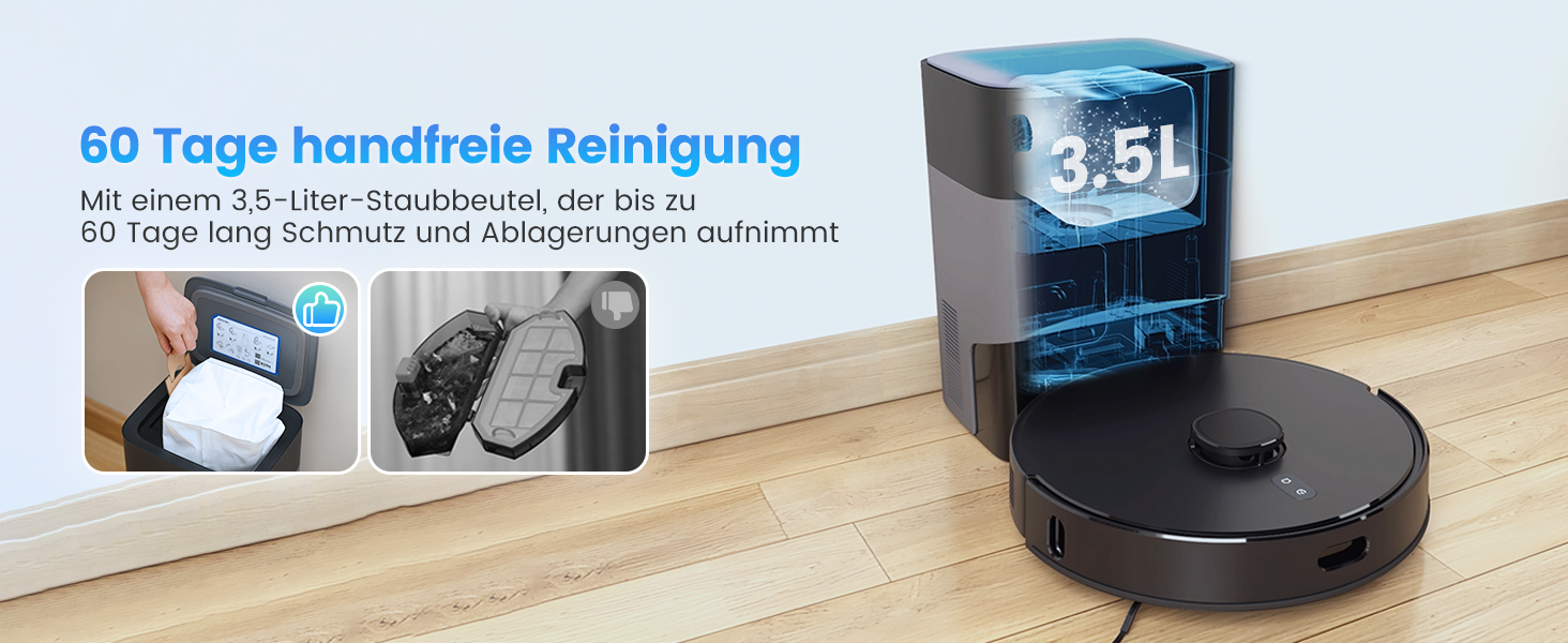 Робот-пилосос з функцією миття та станцією самоочищення, об'єм 3.5л, для килима та шерсті тварин, керування через додаток та Alexa, LiDAR навігація, час роботи 180хв (Чорний)