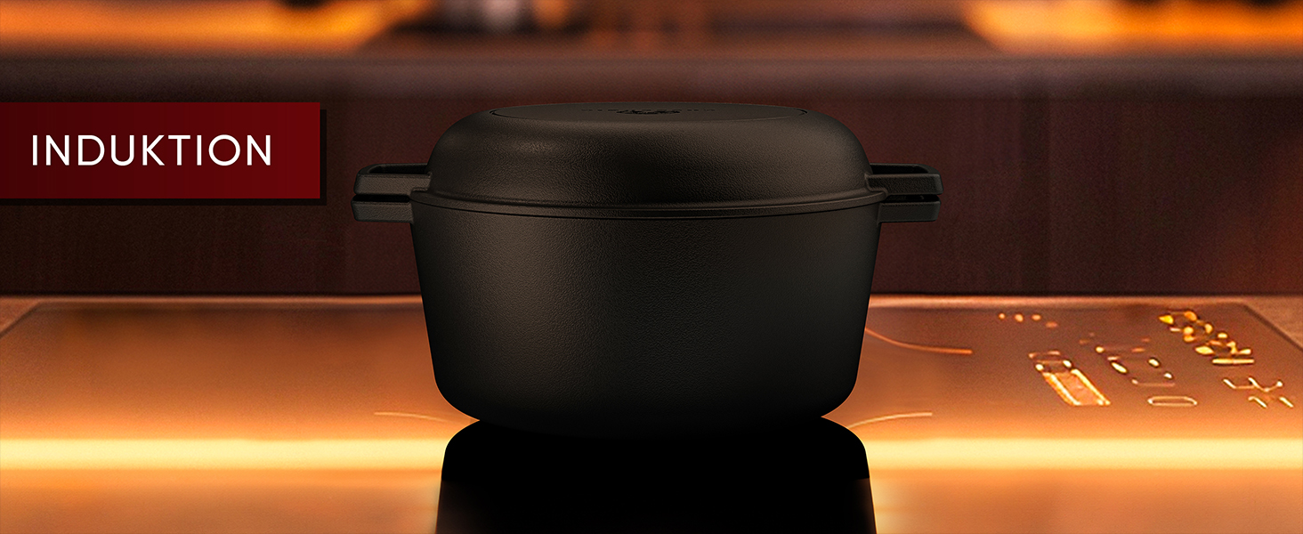 Голландська піч 2в1 з чавуну, 4.8л + сковорода з чавуну 1.8л - набір посуду для приготування, BBQ, кемпінгу та кухні. З кулінарною книгою та аксесуарами. 30 років гарантії. Чорний колір.