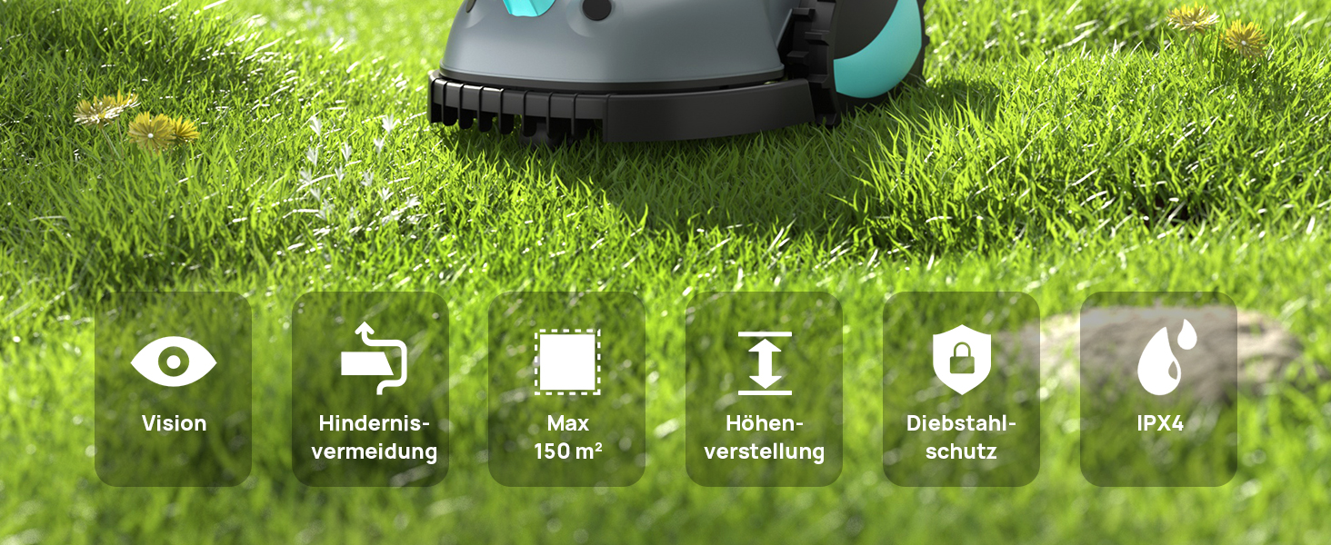 Робот-газонокосилка V100 без обмежувального кабелю з камерою, уникнення перешкод, навігація Vision, акумулятор 4 Ah, 150㎡, запасні леза, спіральне косіння, сірий колір