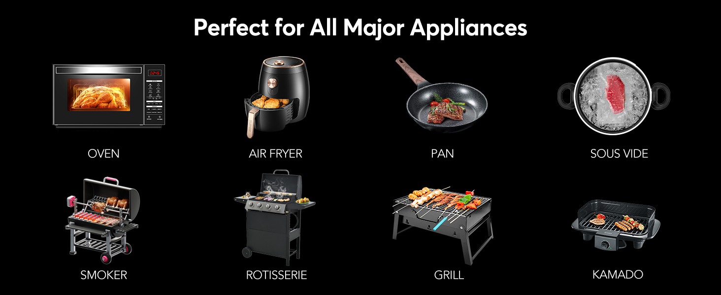 Бездротовий термометр для м'яса з Bluetooth та нескінченною дальністю, 7 сертифікованих NIST сенсорів, для гриля, мангала, печі, фритюрниці (чорний)