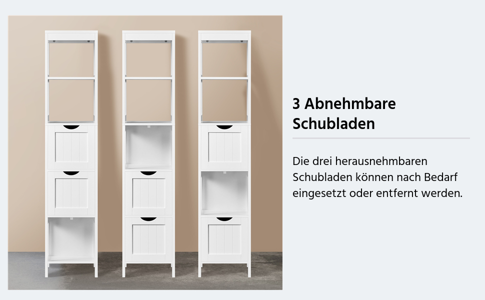 Шафа у ванну кімнату Yaheetech з 3 висувними ящиками та 2 відкритими полицями, 30 x 30 x 142 см, біла