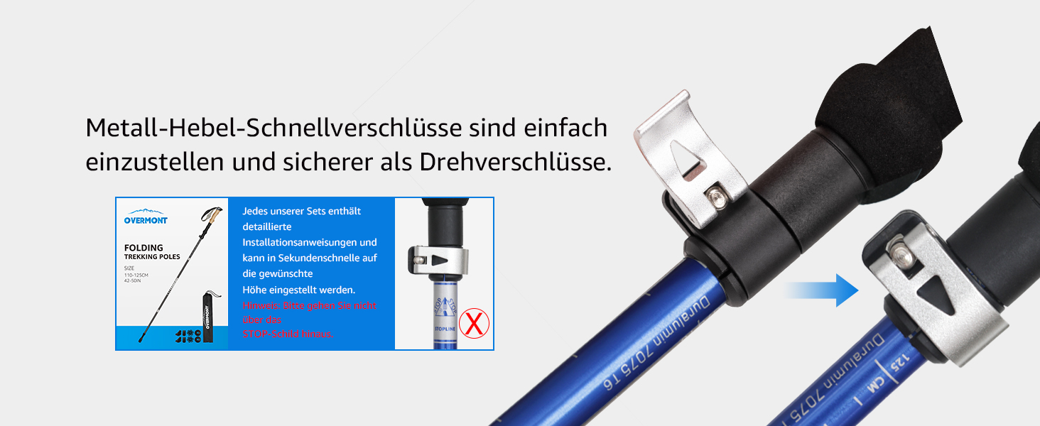 Туристичні палиці Overmont Карбон, надлегкі складні регульовані 105-125 см трекінгові палиці Палиці для скандинавської ходьби 1 пара з усіма аксесуарами для місцевості (7075 алюмінієвий, синій)