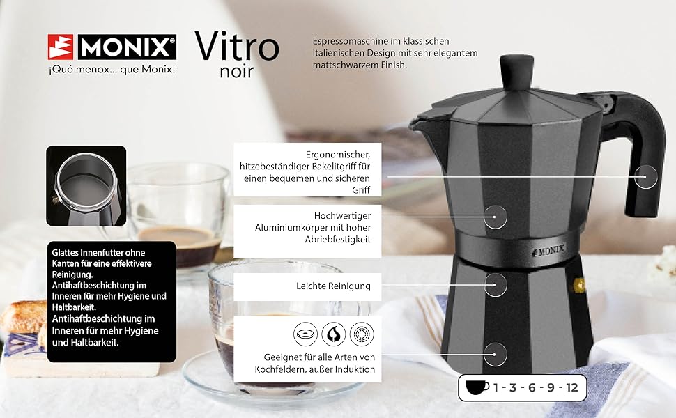 Алюмінієва Еспресо-плита Monix Vitro Noir 12 чашок