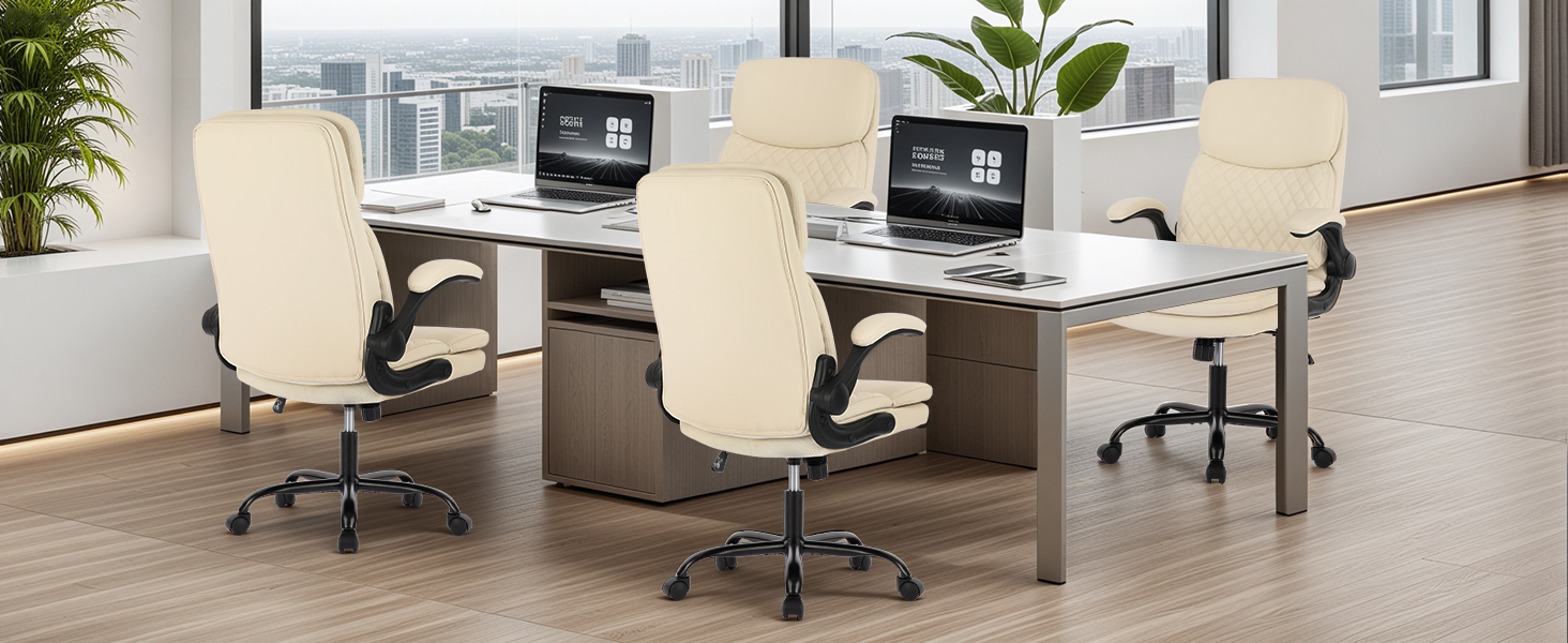 Офісний крісло Colamy: ергономічний, з високою спинкою, регульовані підлокітники, шкіряне покриття (слонова кістка)