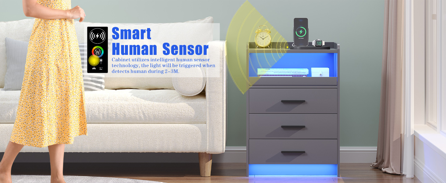 Нічний столик FREDEES з LED-підсвічуванням, ящиком та зарядкою, сірий (2 шт.)