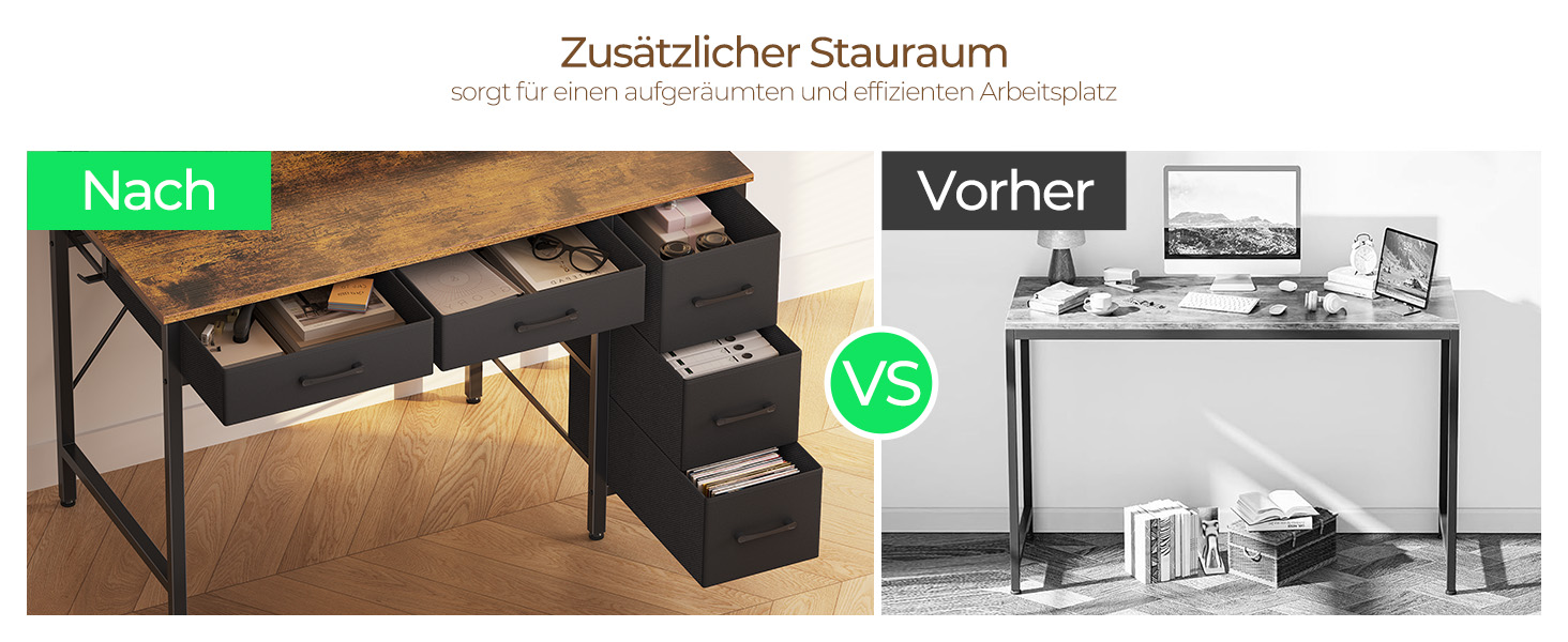 Комп'ютерний стіл Seventable з розетками та LED-підсвіткою, 100 см, геймінговий стіл з 5 висувними ящиками та підставкою для монітора, для офісу, кабінету, спальні, вітальні (Вінтажний коричневий)