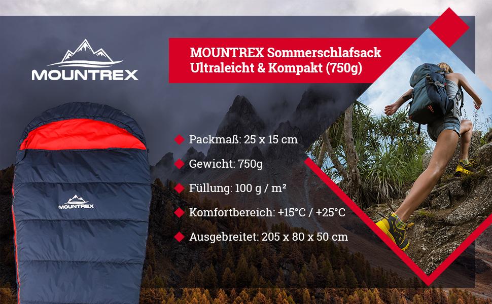 Спальний мішок MOUNTREX - компактний і надлегкий (730 г/1500 г) - літній спальний мішок на відкритому повітрі (100 г/ 3-4 сезону (300 г) спальний мішок з мумією кемпінг, подорожі, фестиваль - теплий і складаний (темно-синій / червоний - (літо))