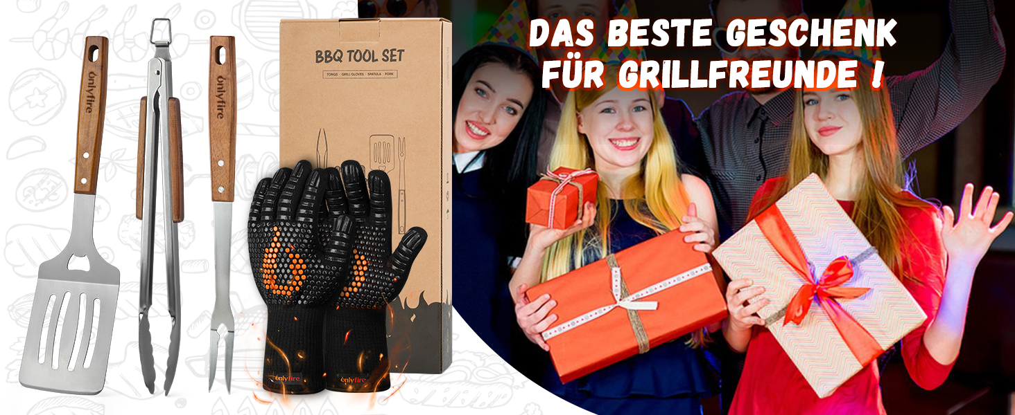 Набір гриль-посуду Onlyfire 4 шт. з нержавіючої сталі та акації (щипці, лопатка, виделка, щітка)