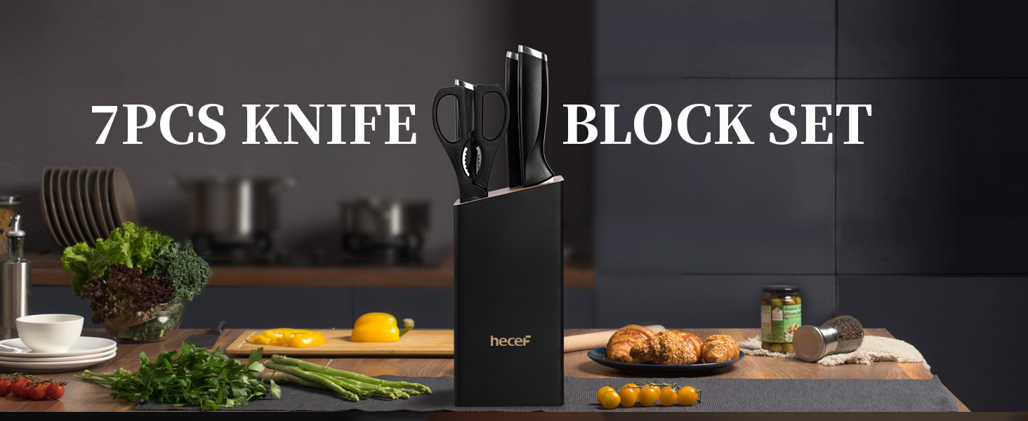 Набір кухонних ножів 7 предметів з бруском, нержавіюча сталь, кухонні ножі з кухонними ножицями, чорний, для професійних кухарів та поціновувачів