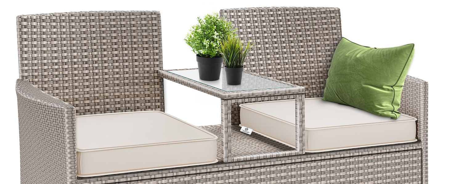 Садовий диван KESSER® з ротангу на 2 особи з вбудованим столиком, 143×63×88 см - стійкий до погодних умов, комплект з подушками та чохлами, антрацит