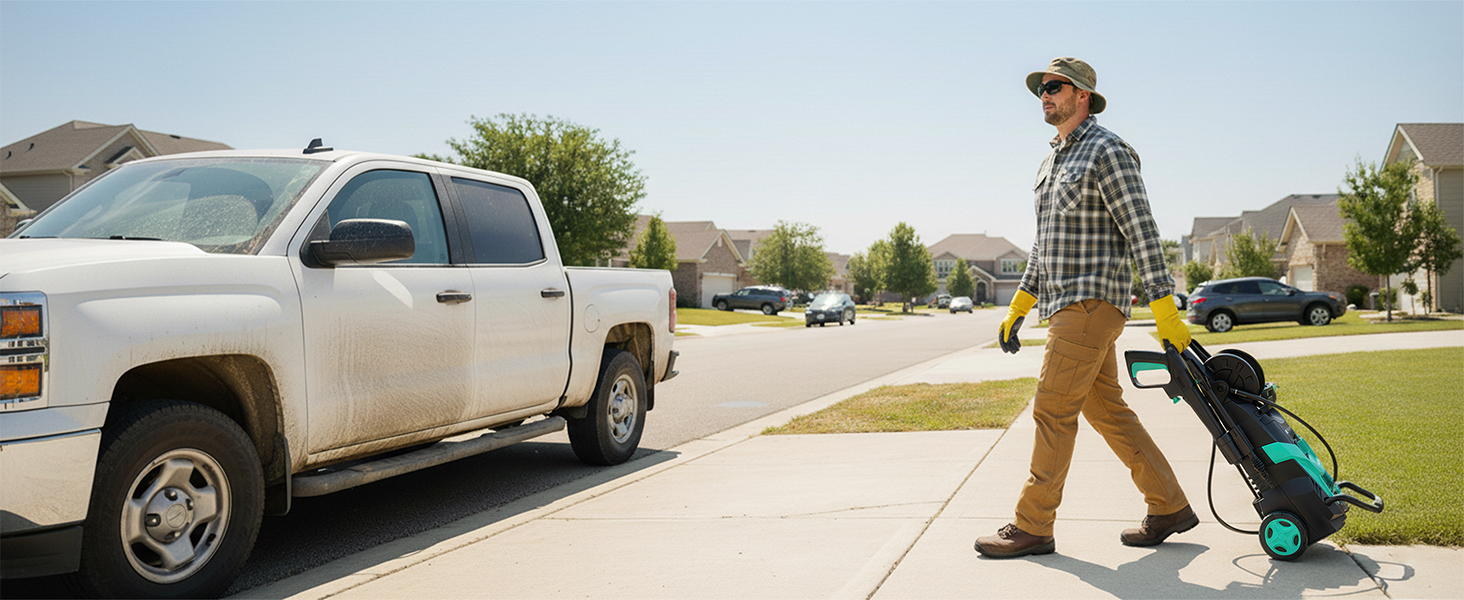 Високотискний мийник 180 Bar, 6-в-1 насадка, продуктивність 420л/год, площа прибирання 50м²/год, економний, з піночистою та барабаном для шлангу, для автомобілів та під'їздів (Блакитний)