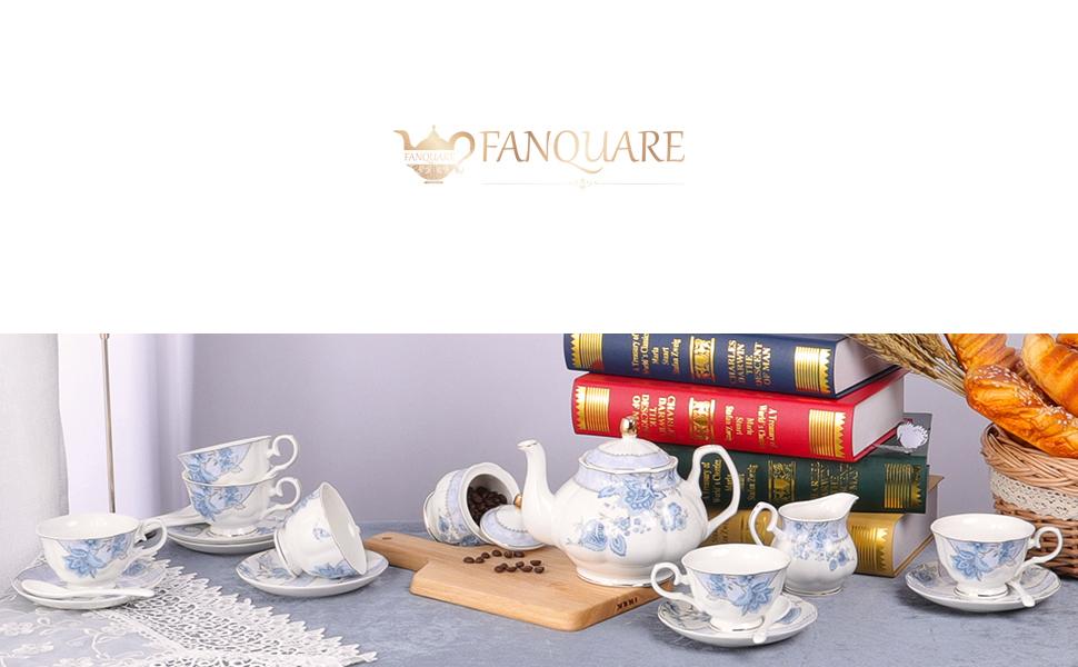 Набір чаю Fanquare Blue Floral Porcelain на 6 осіб, включаючи чайник, цукорницю та глечик для вершків