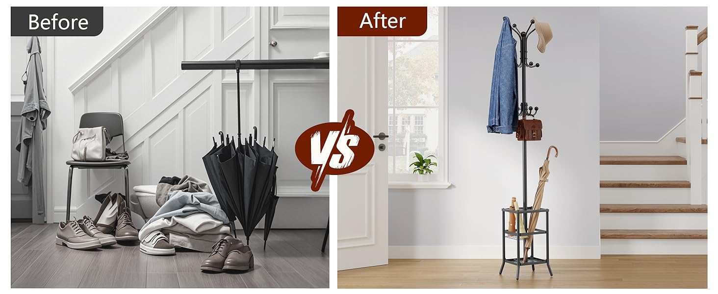 Настінна/підлогова вішалка для одягу FAVOOSTY з підставкою для парасольки, 12 гачків, срібна/чорна