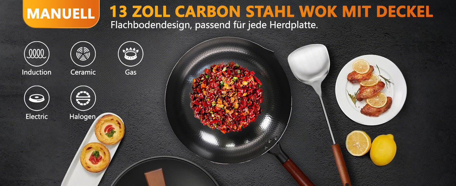 LIYGAOF Вок з кришкою 32 см з чавуну: Вок для всіх типів плит, кована чавунна сковорода, без хімічного покриття, легко миється