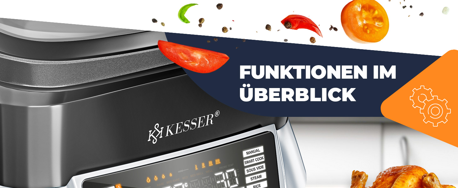 Мультиварка KESSER® 8л з фритюрницею, 16 програм, чорна. Гриль, випічка, тушкування, приготування на пару, функція підігріву та повільного приготування, приготування рису та йогурту.