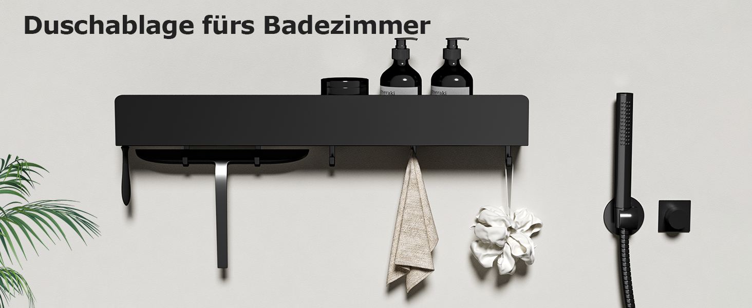 Поличка для душу Rekita без свердління, органайзер для ванної кімнати 40 см, поличка з нержавіючої сталі з 4 знімними гачками, тримач для шампуню для душу, навісна полиця, полиця для ванної кімнати (Чорний-50см)