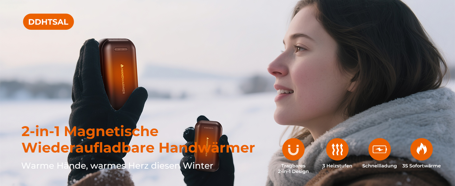 Електричні грілки для рук 2-в-1 з магнітом - 6000 mAh, USB, з брелоком, 3 режими нагріву до 55°C, ультралегкі та тонкі, для кемпінгу