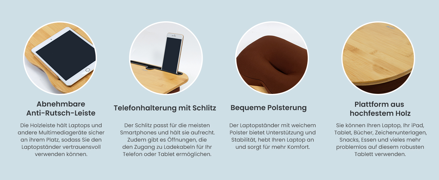 Підставка для ноутбука VLOXO з бамбука для ліжка та дивана, м'яка підкладка, ергономічне коліно, з отвором для кабелю та антиковзким покриттям, для ноутбуків/планшетів/MacBook до 14 дюймів, коричнева