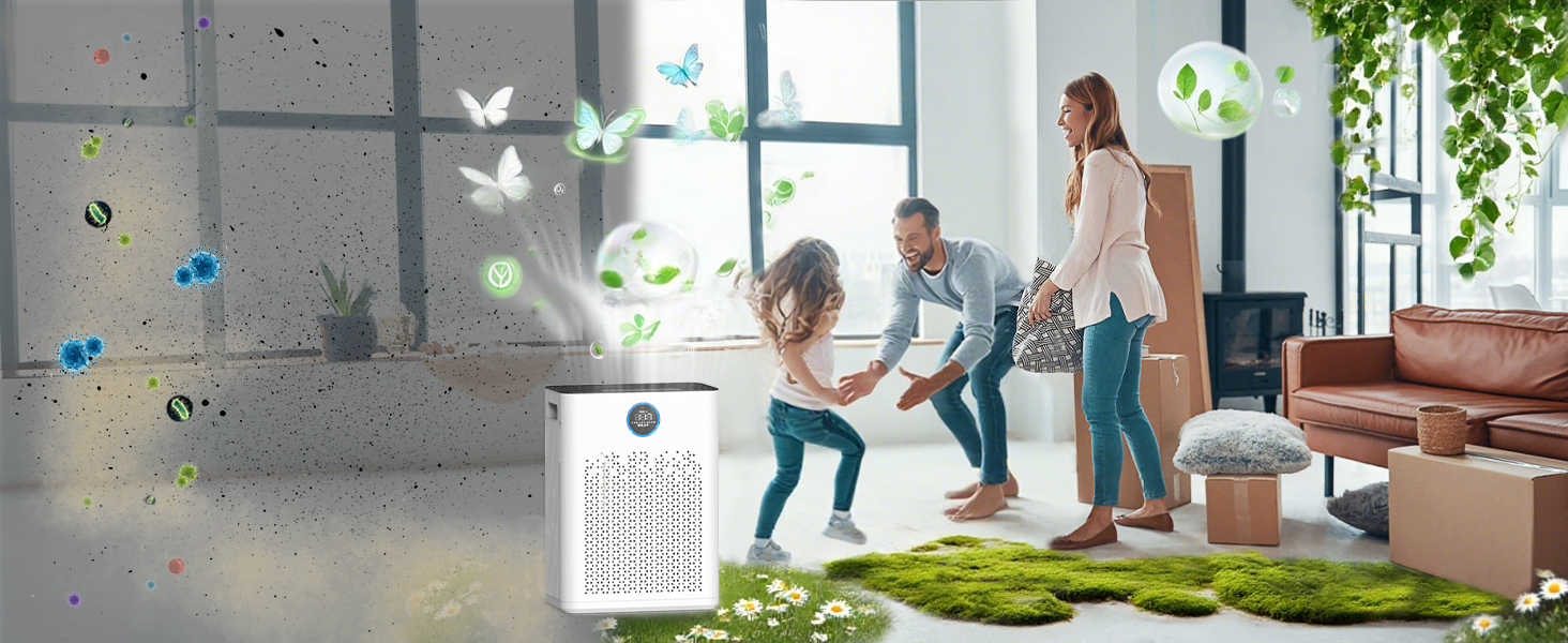 Повітряочисник з керуванням через додаток, HEPA фільтр H14, фільтр з активованим вугіллям, розумний дім, сумісний з Alexa, для великих приміщень (KJ3-7, 2x HEPA фільтри)