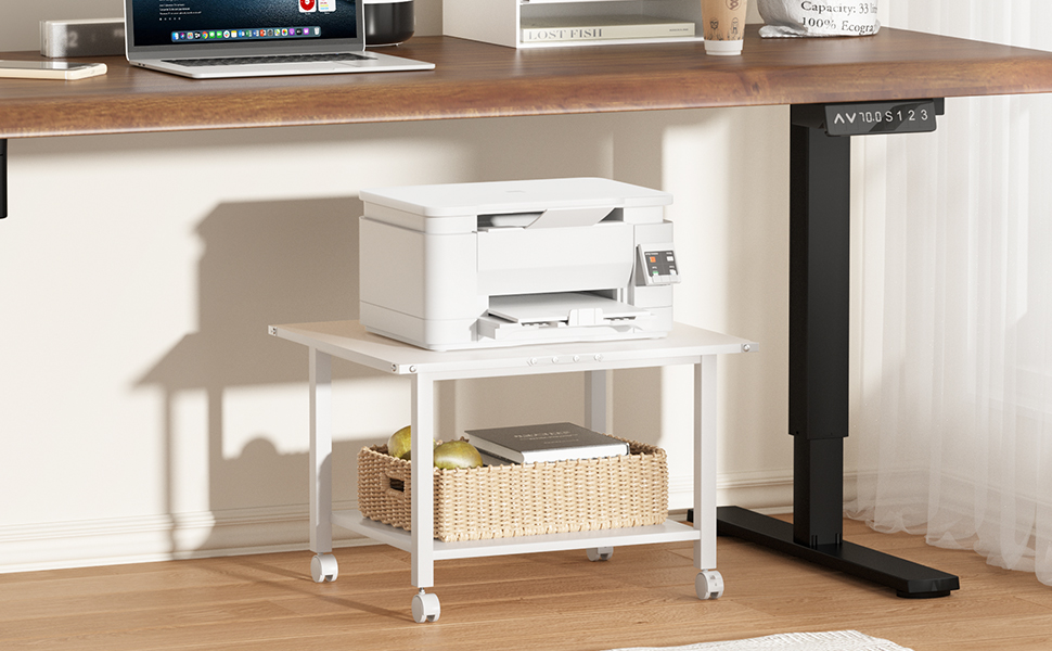 Стіл для принтера LELELINKY з колесами, мобільний двоярусний стійка для принтера, білий, 52.5 x 40 x 36 см