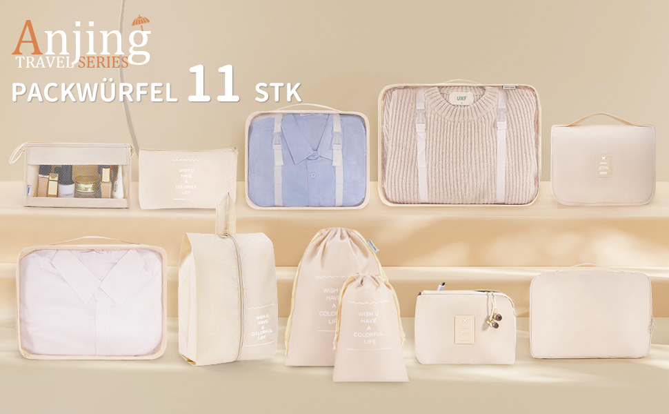 Набір органайзерів для подорожей Anjing (11 предметів), водонепроникні пакувальні куби для валізи, компактний органайзер для одягу в дорогу, рожевий
