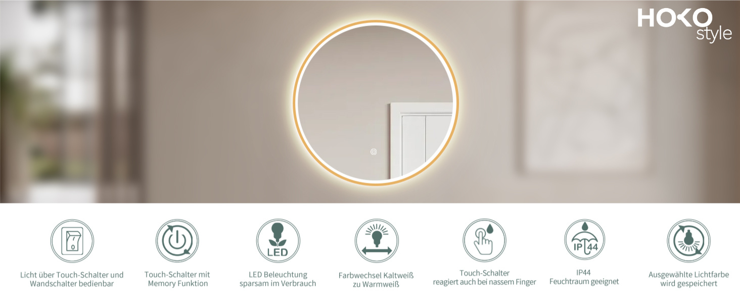 Дзеркало для ванної кімнати HOKO Design Riga, кругле, 60 см, з металевим каркасом Gold. LED-підсвічування, сенсорне керування, зміна кольору світла (тепле, холодне, нейтральне). 60 x 60 см