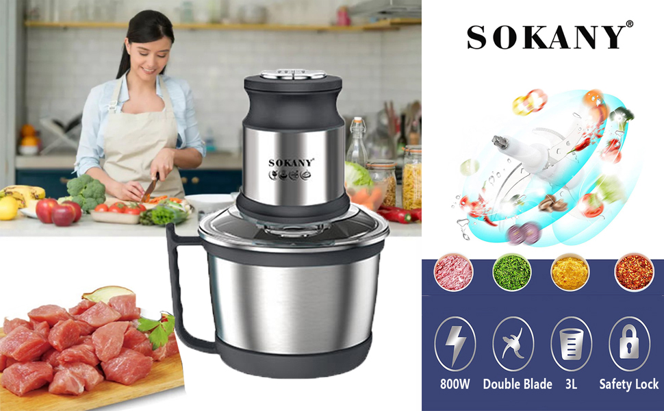 М'ясорубка-подрібнювач електричний SOKANY SK-7027 800W з чашею 3л з нержавіючої сталі, 2 швидкості, для м'яса, овочів, фруктів