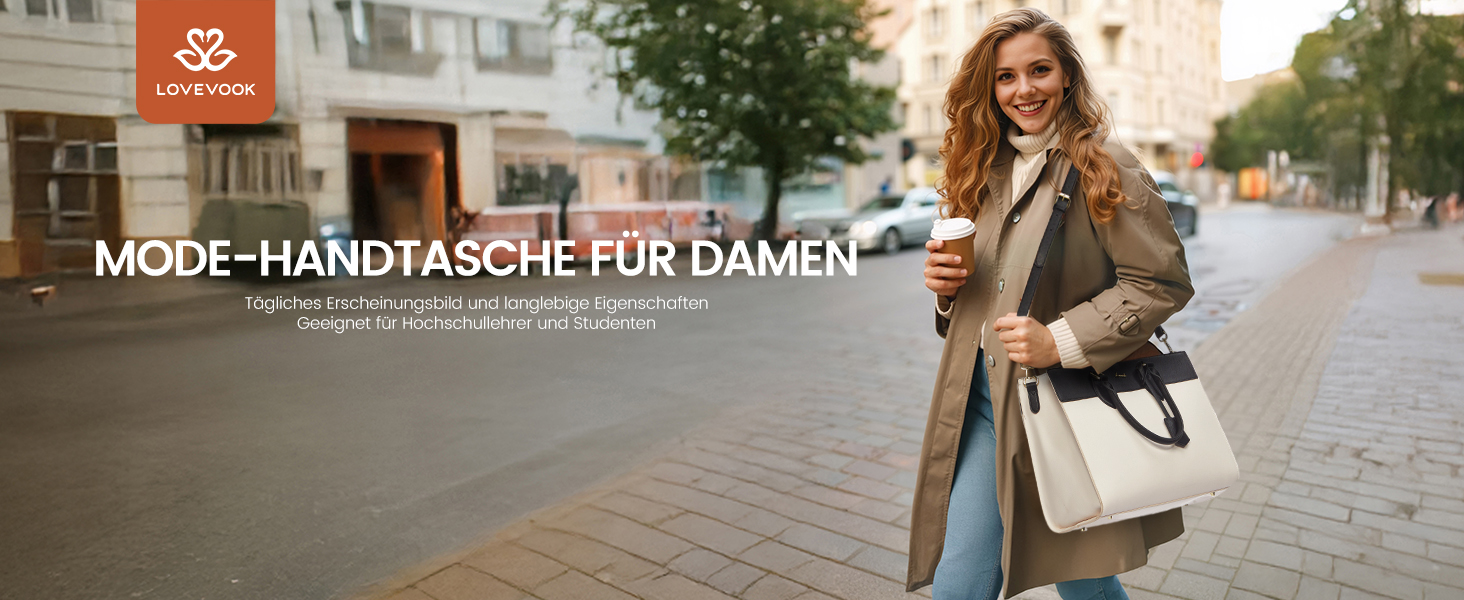 Сумка для ноутбука LOVEVOOK 15.6 дюймів, велика робоча сумка, водонепроникна сумка з PU шкіри, сумка-шоппер, акцентна сумка, сумка для навчання, сумка через плече для бізнесу, роботи, університету, школи (Бежево-чорна, M)