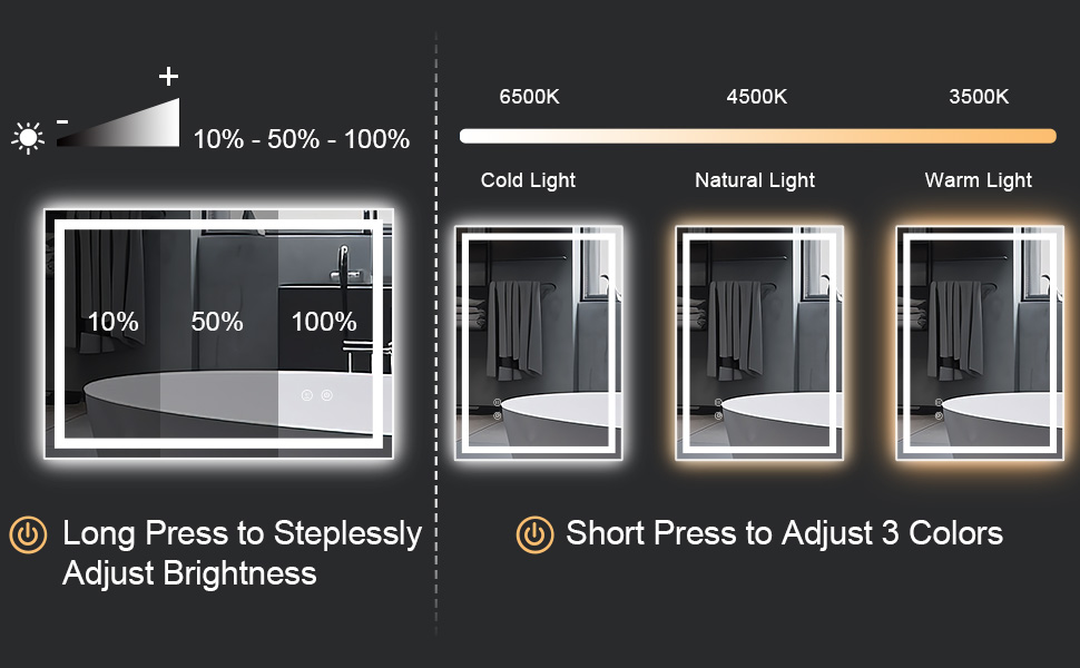 Дзеркало для ванної кімнати Youyijia з підсвічуванням, 70x50 см, антизапарник, сенсорний вимикач, 3 кольори світла, регулювання яскравості