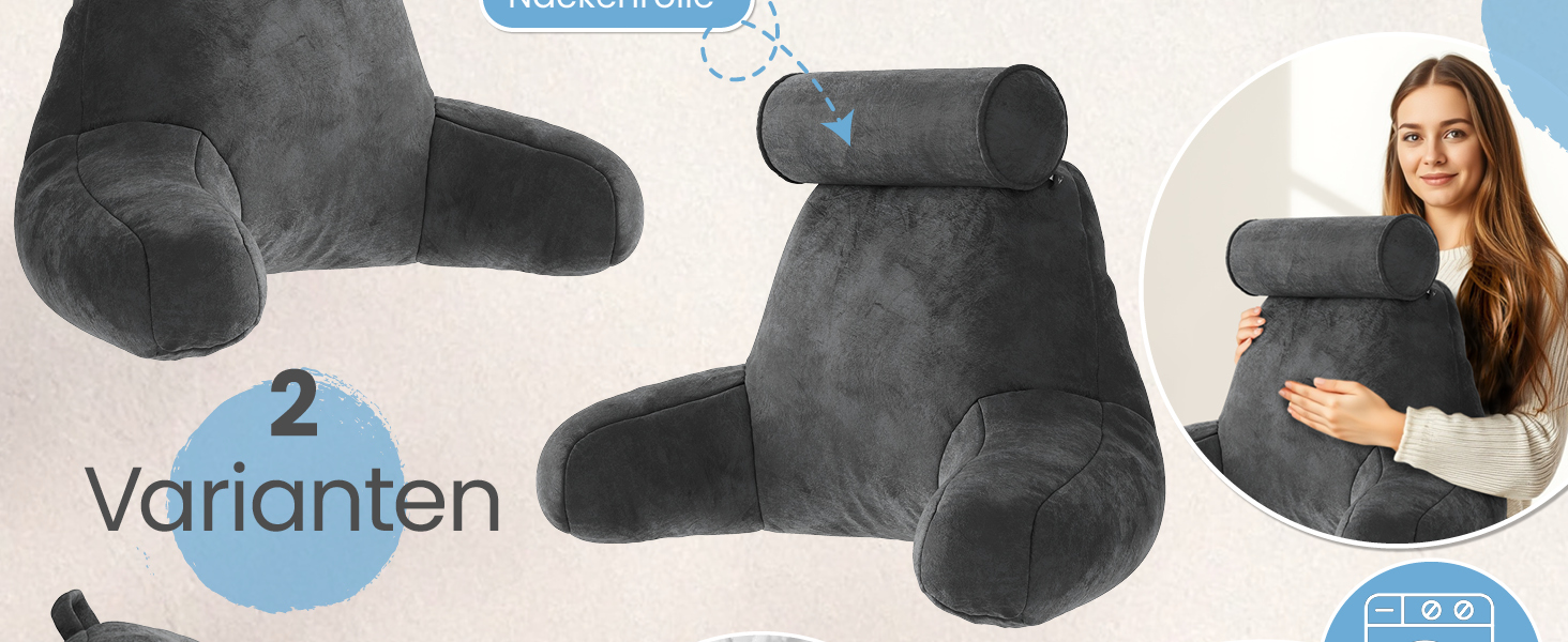 Підвалин для спини ELONEO з підлокітниками – м'яке крісло для читання в ліжко та диван, 76 × 46 × 40 см