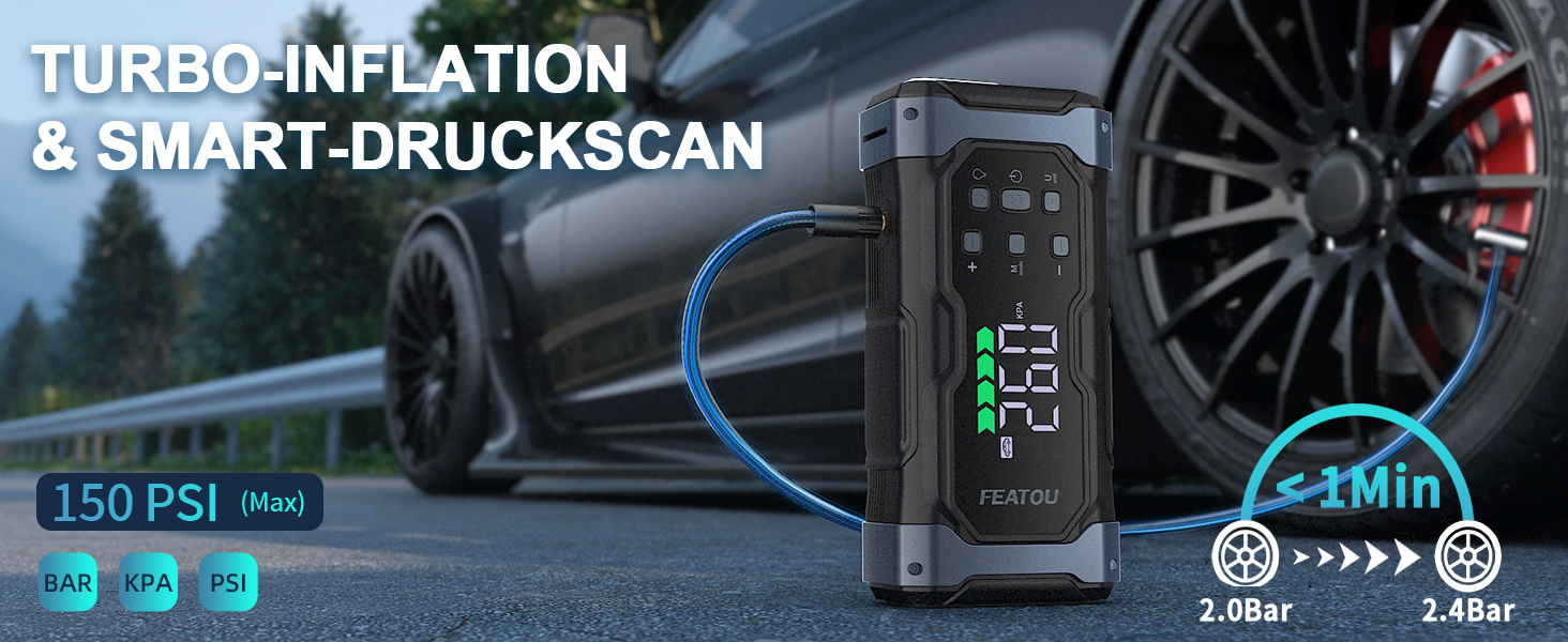 Powerbank з компресором Starthilfe 6500A: акумулятор для автомобіля 12V з повітряним насосом, стартер-бустер (9.0L бензин/8.5L дизель), LED 500 Lumen (чорний), піковий струм 7000A