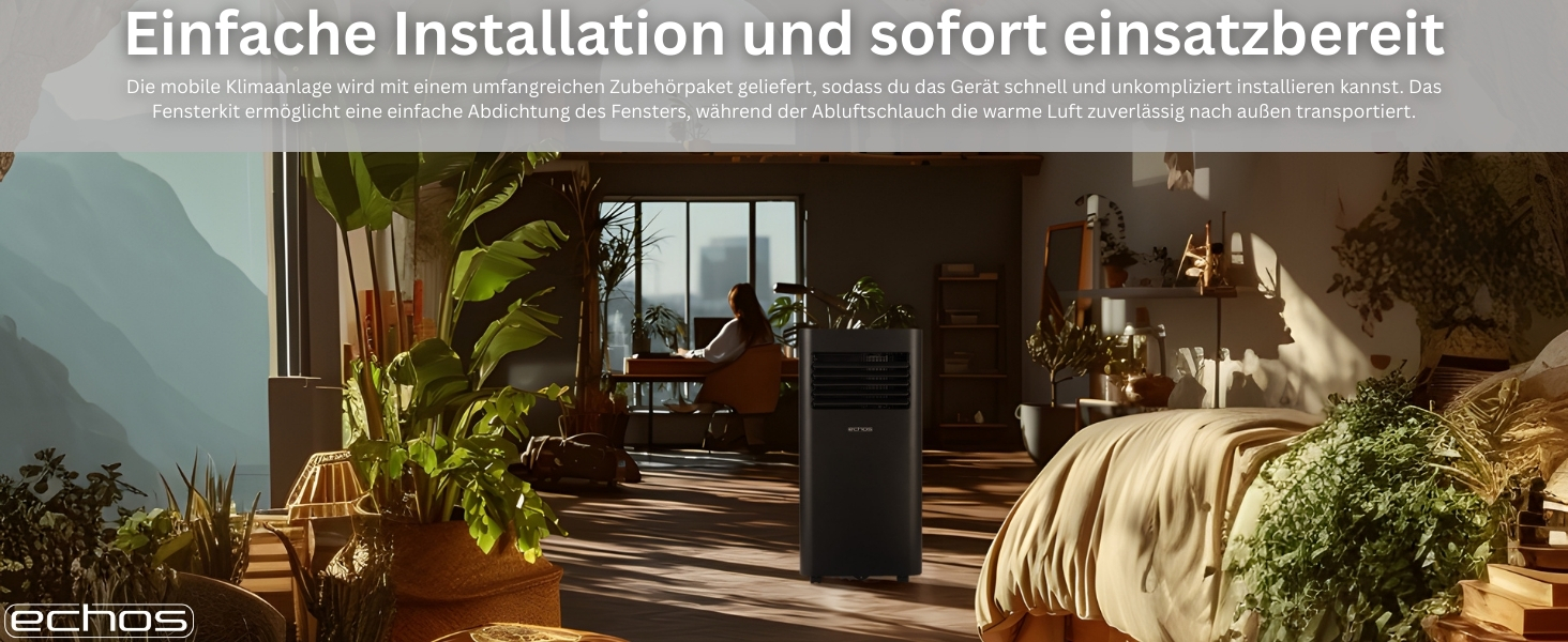 Мобільний кондиціонер Echos 9000 BTU з Wi-Fi, пультом та таймером 24 год – охолодження, осушення, вентиляція