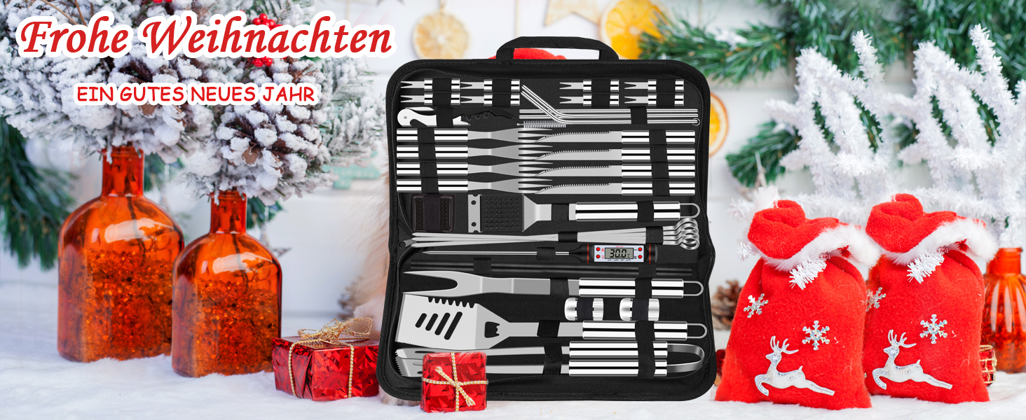 Набір гриля з 38 предметів з нержавіючої сталі: аксесуари для гриля, подарунок для чоловіків, високоякісний набір інструментів для гриля, кейс з килимком для гриля, для саду та кемпінгу (сріблястий)