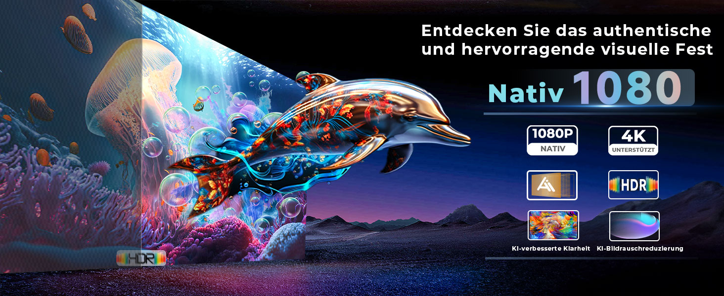 Портативний проєктор Beamer 4K з Dolby Audio, HDR10, WiFi6, Bluetooth 5.4, Auto Fokus, для домашнього кіно та перегляду спортивних подій, білий