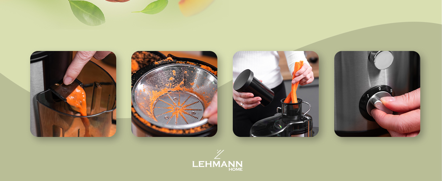 Електрична соковитискачка Lehmann: соковиті напої з овочів та фруктів, 2 швидкості, нержавіюча сталь, 1,5л контейнер для жмиху, 450мл контейнер для соку